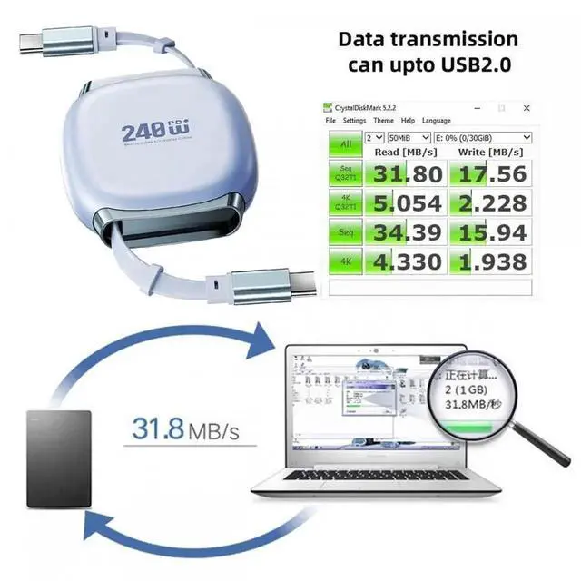 Alt view image 7 of 7 - Aomoproing Cable Retractable Stretch Coiled USB-C Cable 480Mbps 140W for Laptop Phone Tablet Type-C Male to Male Cable Power & Data (Purple Color)