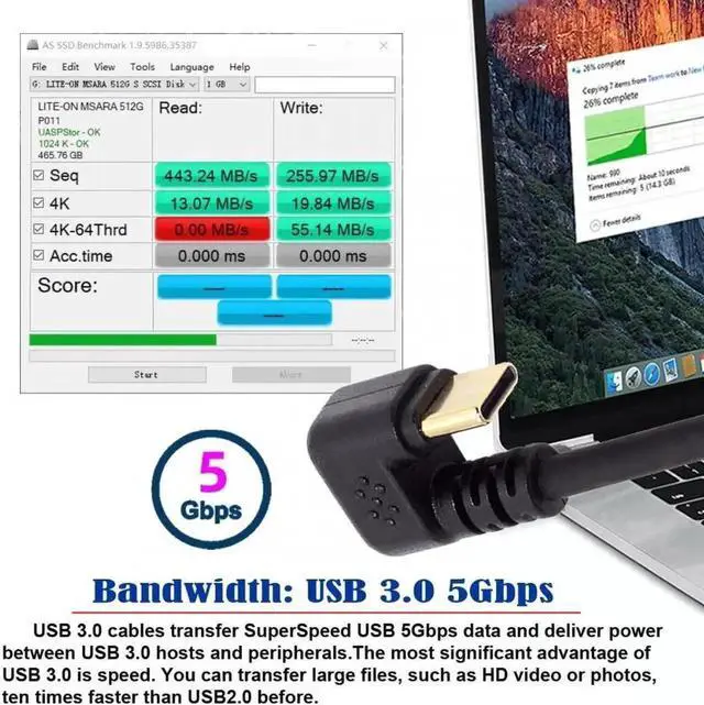 Alt view image 7 of 7 - Aomoproing Left Angled USB3.0 Type-A to Type C USB-C Male to Male Power Data Cable 5Gbps USB-C Opposite U Shape Back Angled