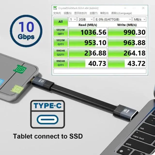 Alt view image 6 of 7 - Aomoproing USB3.1 Type-A Male to Type-C Male 10Gbps Flat Slim FPC USB-C Data Power Cable 5V3A for Laptop Phone Disk (100cm)
