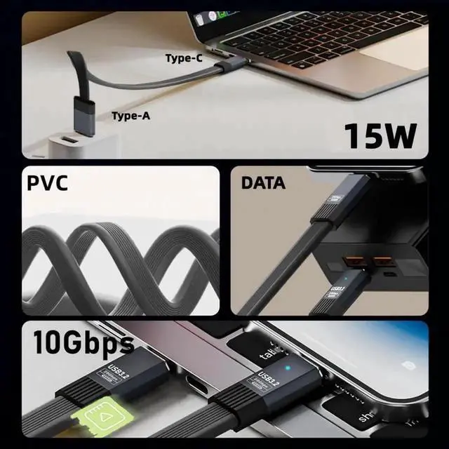 Alt view image 4 of 7 - Aomoproing USB3.1 Type-A Male to Type-C Male 10Gbps Flat Slim FPC USB-C Data Power Cable 5V3A for Laptop Phone Disk (100cm)