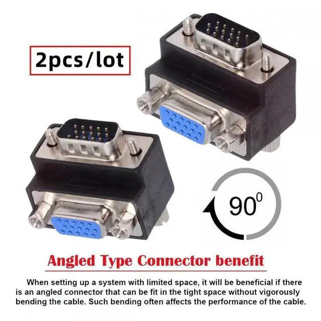 Alt view image 2 of 7 - Aomoproing 2pcs/lot Up & Down Angled 90 Degree VGA RGB HDB15Pin Screw Type Male to Female Nut Type Extension Adapter for Monitor Displays