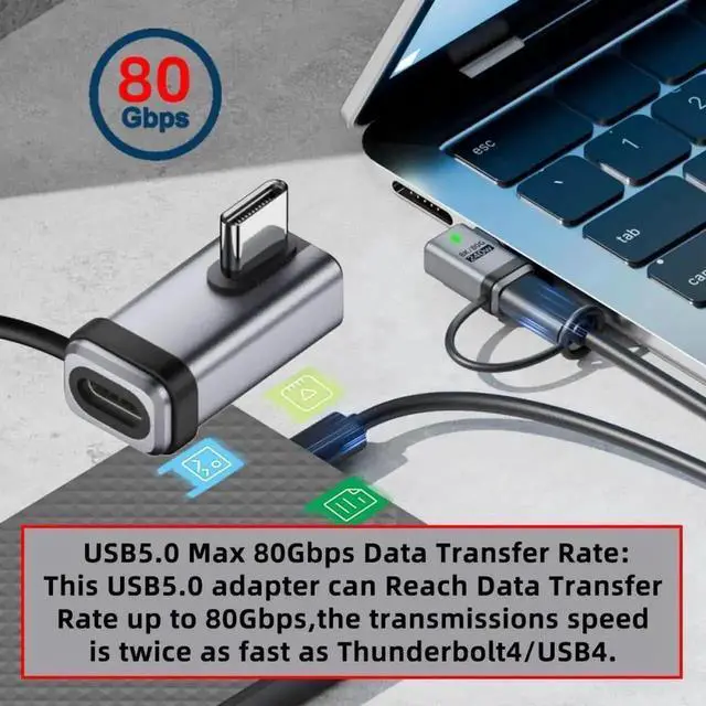 Alt view image 3 of 7 - Aomoproing 90 Degree USB5.0 80Gbps Male to Female Low Profile Left Right Angled Extension Adapter with Lanyard Keychain 240W 16K 8K 5K Compatible with USB4.0 Thunderbolt3/4/5