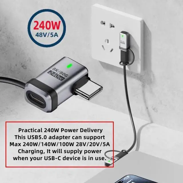 Alt view image 4 of 7 - Aomoproing Cable 90 Degree USB5.0 80Gbps Male to Female Left Right Angled Extension Adapter with Lanyard Keychain 240W 16K 8K 5K Compatible with USB4.0 Thunderbolt3/4/5