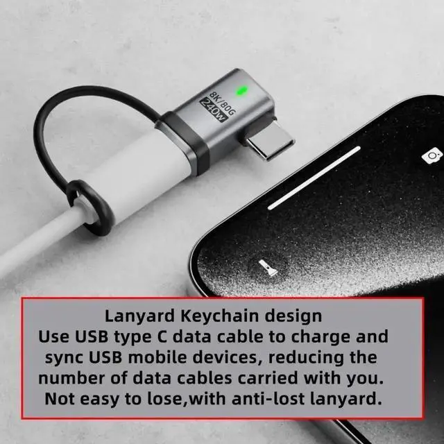 Alt view image 3 of 7 - Aomoproing Cable 90 Degree USB5.0 80Gbps Male to Female Left Right Angled Extension Adapter with Lanyard Keychain 240W 16K 8K 5K Compatible with USB4.0 Thunderbolt3/4/5