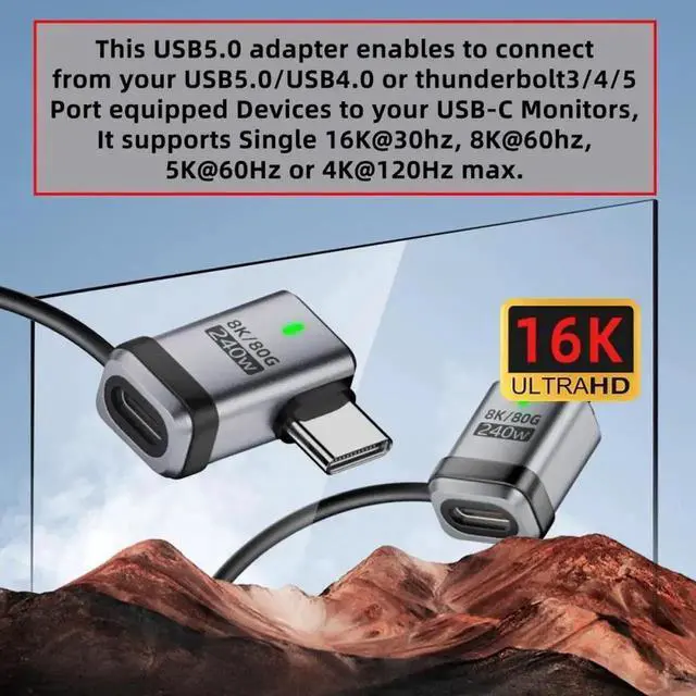 Alt view image 7 of 7 - Aomoproing Cable 90 Degree USB5.0 80Gbps Male to Female Left Right Angled Extension Adapter with Lanyard Keychain 240W 16K 8K 5K Compatible with USB4.0 Thunderbolt3/4/5