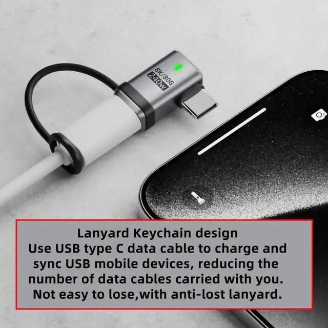 Alt view image 7 of 7 - Aomoproing 90 Degree USB5.0 80Gbps Male to Female Left Right Angled Extension Adapter with Lanyard Keychain 240W 16K 8K 5K Compatible with USB4.0 Thunderbolt3/4/5