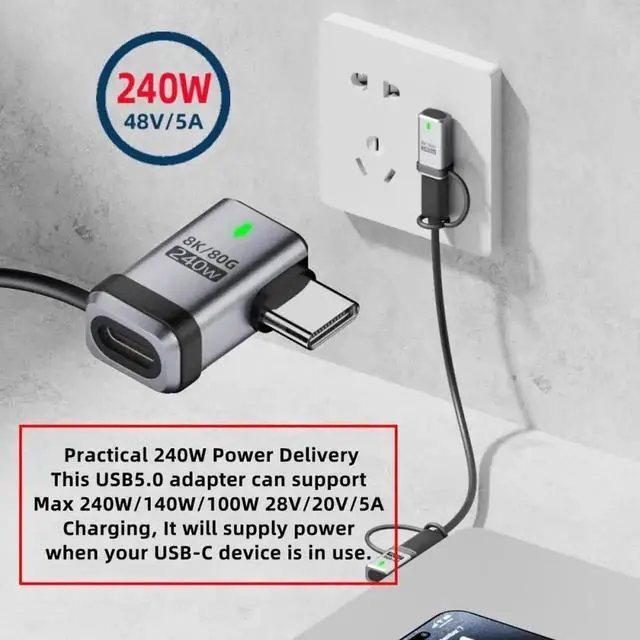 Alt view image 3 of 7 - Aomoproing 90 Degree USB5.0 80Gbps Male to Female Left Right Angled Extension Adapter with Lanyard Keychain 240W 16K 8K 5K Compatible with USB4.0 Thunderbolt3/4/5