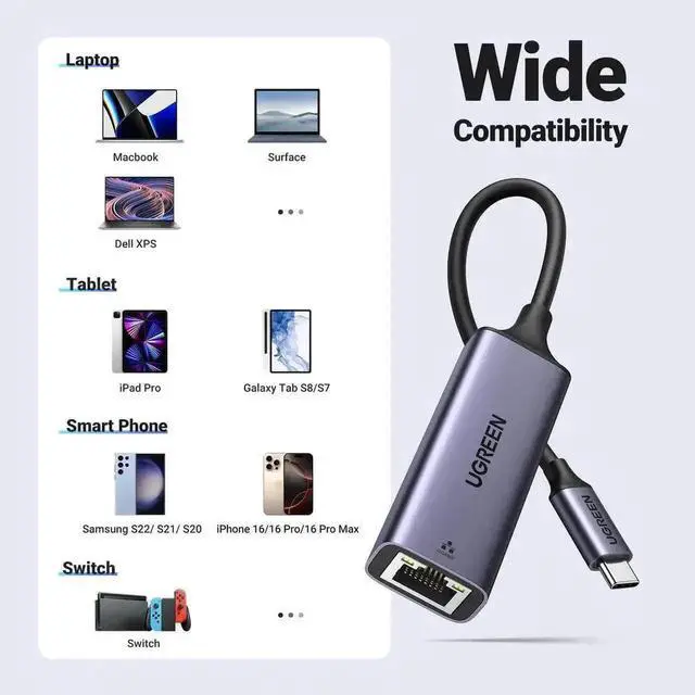 Alt view image 3 of 7 - UGREEN USB C to Ethernet Adapter, Plug and Play 1Gbps Ethernet Adapter, Aluminum Case, (Thunderbolt 4/3 Compatible) to RJ45 Network Dongle, Compatible for MacBook Pro/Air, iPhone 16 Pro/Max, iPad, XPS