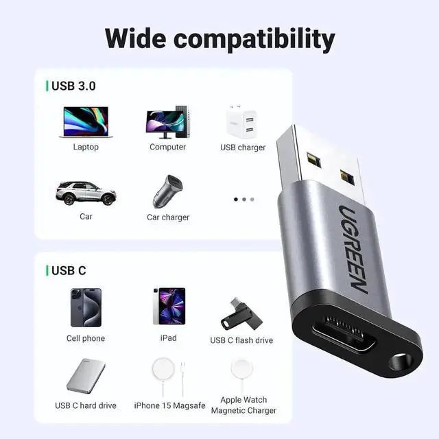 Alt view image 7 of 7 - UGREEN 10Gbps USB C Female to USB Male Adapter 2 Pack, Type C to USB A Charger Cable Converter Compatible with Apple Watch iPhone 15 14 13 AirPods 3 MacBook Samsung Galaxy Note Google Pixel etc Gray