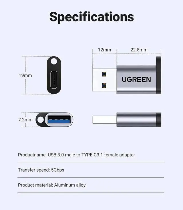 Alt view image 6 of 7 - UGREEN 10Gbps USB C Female to USB Male Adapter 2 Pack, Type C to USB A Charger Cable Converter Compatible with Apple Watch iPhone 15 14 13 AirPods 3 MacBook Samsung Galaxy Note Google Pixel etc Gray