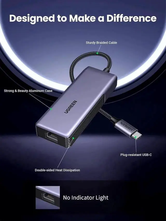 Alt view image 3 of 5 - UGREEN USB C to Ethernet Adapter 5Gb, Ethernet Adapter for Laptop, Aluminum with Thermal Design, Type C (Thunderbolt 5/4/3 Compatible) to RJ45 Network LAN Internet, Compatible for MacBook Air/Pro, XPS