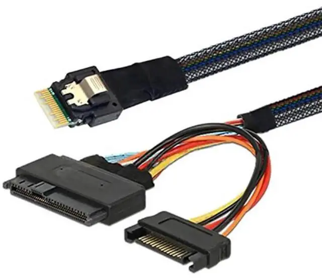 Main image of Aomoproing Mini Slimline SAS SFF-8654 4i 38P to U.2 SAS 8639 Server-Grade Cable with SATA 15P Male Cable \u2013 24G, 32AWG High-Speed (31.49, Inches)