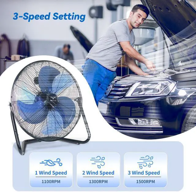 Alt view image 2 of 6 - TEMPWARE 20 Inch High Velocity Industrial Floor Fan, Heavy Duty 3-Speed Metal Cradle Fans with 360° Tilt for Workshop, Warehouse, Garage, Factory and Basement