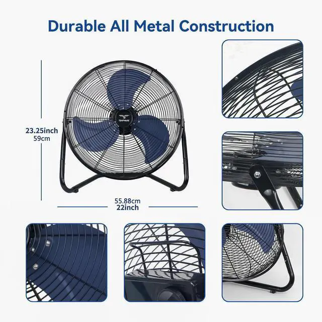 Alt view image 5 of 6 - TEMPWARE 20 Inch High Velocity Industrial Floor Fan, Heavy Duty 3-Speed Metal Cradle Fans with 360° Tilt for Workshop, Warehouse, Garage, Factory and Basement