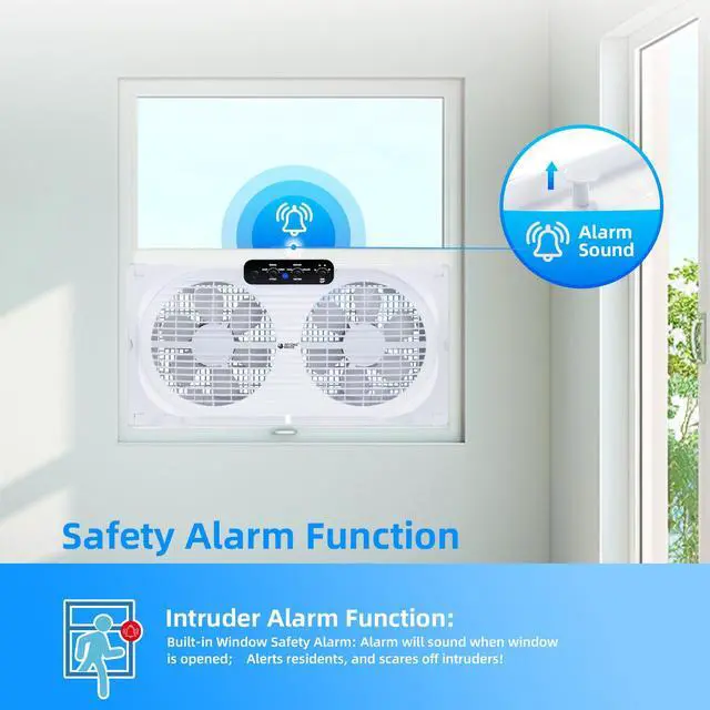 Alt view image 2 of 7 - BEYOND BREEZE 9-Inch Twin Window Fan with Intruder Alarm and Reversible Airflow, 3-Speed Window Fan with Remote Control, Expandable Exhaust Fan for Home and Bedroom Use