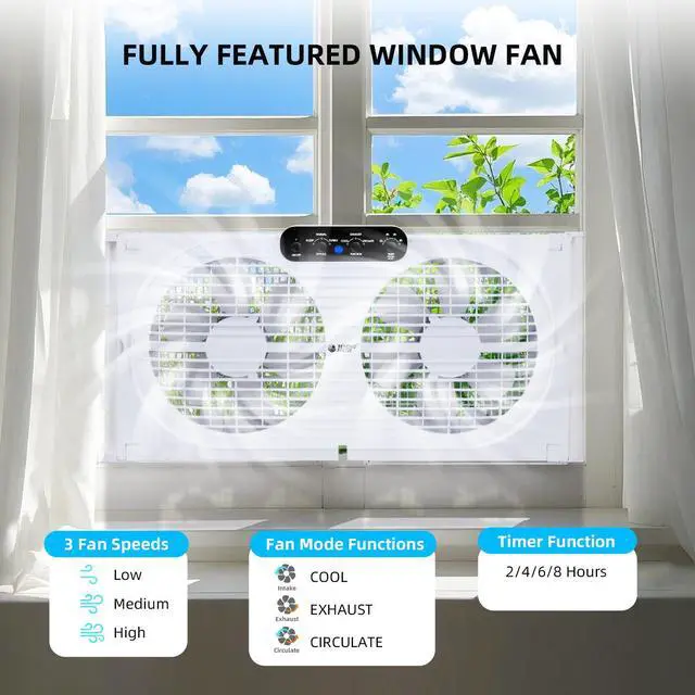 Alt view image 4 of 7 - BEYOND BREEZE 9-Inch Twin Window Fan with Intruder Alarm and Reversible Airflow, 3-Speed Window Fan with Remote Control, Expandable Exhaust Fan for Home and Bedroom Use