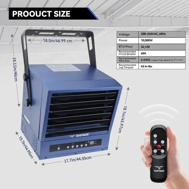 Alt view image 2 of 7 - TEMPWARE 10000W Electric Garage Heater with Remote, 240V Hardwired Fan Forced Ceiling Mount Shop Heater with Digital Thermostat and Overheat Protection, Ideal for Warehouse, Workshop