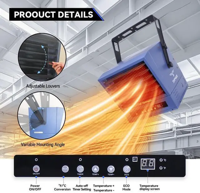 Alt view image 3 of 7 - TEMPWARE 10000W Electric Garage Heater with Remote, 240V Hardwired Fan Forced Ceiling Mount Shop Heater with Digital Thermostat and Overheat Protection, Ideal for Warehouse, Workshop
