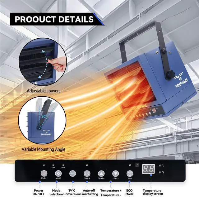 Alt view image 3 of 7 - TEMPWARE 7500W Electric Garage Heater with Remote, 240V Hardwired Fan Forced Ceiling Mount Shop Heater with Digital Thermostat and Overheat Protection, Ideal for Warehouse, Workshop