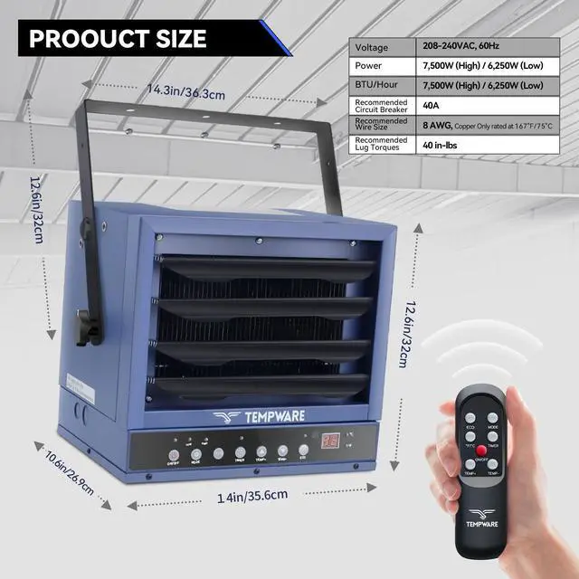Alt view image 2 of 7 - TEMPWARE 7500W Electric Garage Heater with Remote, 240V Hardwired Fan Forced Ceiling Mount Shop Heater with Digital Thermostat and Overheat Protection, Ideal for Warehouse, Workshop