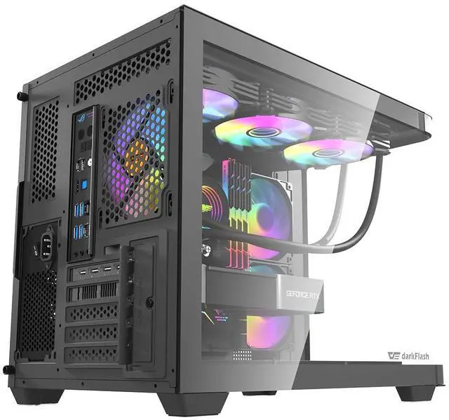 Alt view image 3 of 7 - darkFlash DPW90M, Micro-ATX Gaming PC Case, Pre-Installed 3x120mm ARGB Fans, Panoramic View Dual Tempered Curve Glass, USB 3.0 Port, Supports Dual 360mm AIO,Black