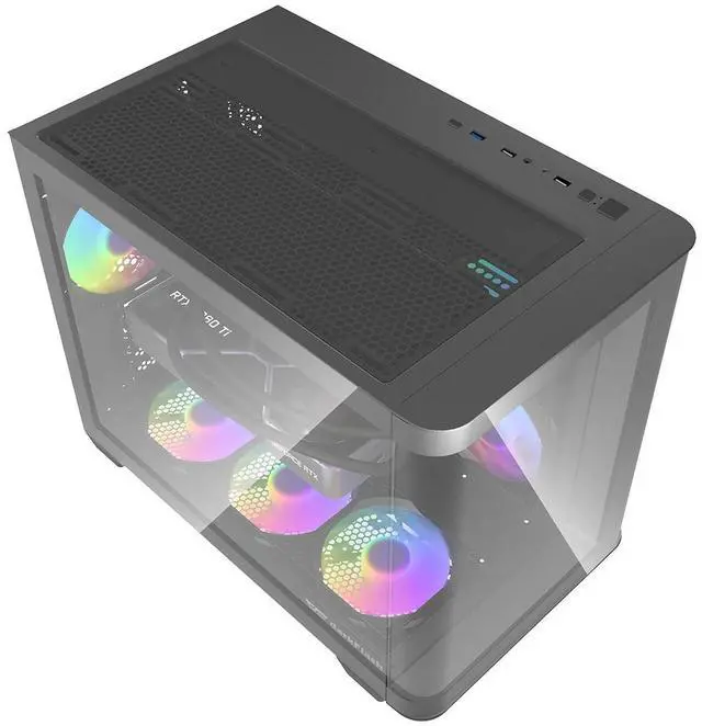 Alt view image 6 of 7 - darkFlash DPW90M, Micro-ATX Gaming PC Case, Pre-Installed 3x120mm ARGB Fans, Panoramic View Dual Tempered Curve Glass, USB 3.0 Port, Supports Dual 360mm AIO,Black