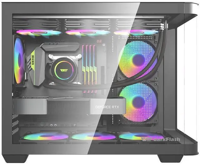 Alt view image 2 of 7 - darkFlash DPW90M, Micro-ATX Gaming PC Case, Pre-Installed 3x120mm ARGB Fans, Panoramic View Dual Tempered Curve Glass, USB 3.0 Port, Supports Dual 360mm AIO,Black
