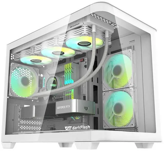 Main image of darkFlash DPW90M, Micro-ATX Gaming PC Case, Pre-Installed 3x120mm ARGB Fans, Panoramic View Dual Tempered Curve Glass, USB 3.0 Port, Supports Dual 360mm AIO,White