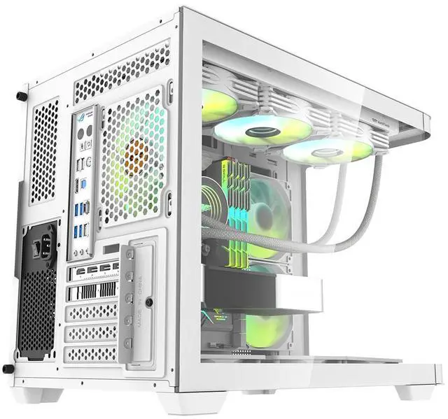 Alt view image 4 of 7 - darkFlash DPW90M, Micro-ATX Gaming PC Case, Pre-Installed 3x120mm ARGB Fans, Panoramic View Dual Tempered Curve Glass, USB 3.0 Port, Supports Dual 360mm AIO,White