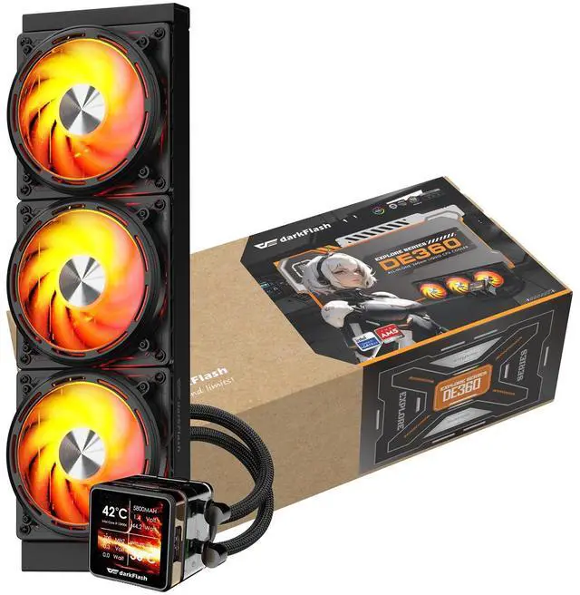 Alt view image 4 of 7 - darkFlash DE360 360mm AIO Liquid CPU Cooler  2.88" IPS Display  5V ARGB Lighting  Copper Water Block  3x 120mm PWM Fans  Intel & AMD Compatible, Black