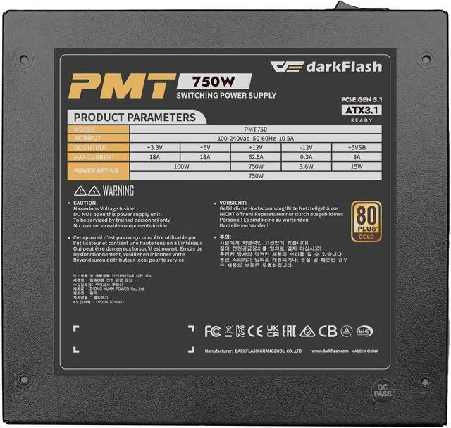 Alt view image 2 of 7 - darkFlash PMT750, 750W Fully Modular Power Supply, 80 PLUS Gold, ATX 3.1 & PCIe 5.1 Ready, Direct-Connected 12VHPWR, 100% Japanese 105°C Capacitors, DC-to-DC Design