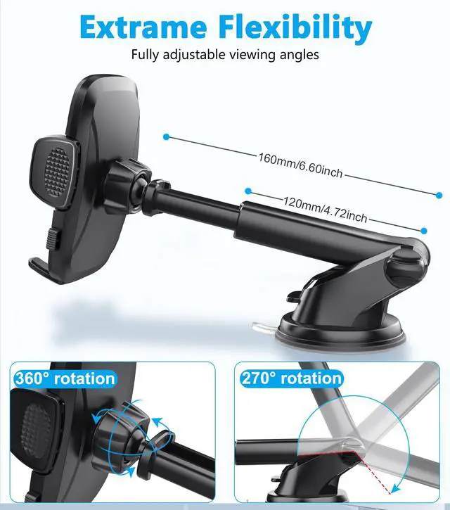 Alt view image 4 of 7 - CardiVox Smart Car Phone Mount, One-Touch Lock Dashboard & Windshield Holder, 360° Rotation, Strong Suction Cup, Universal