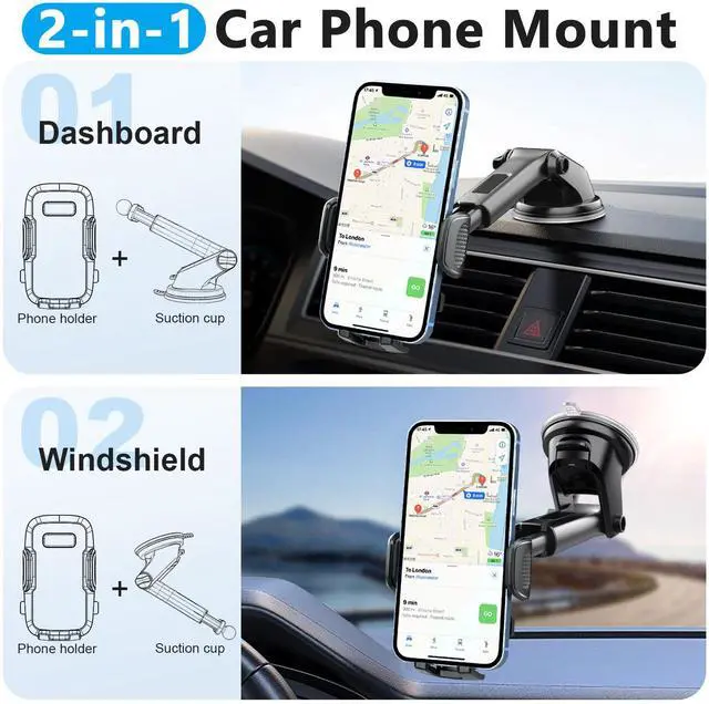 Alt view image 2 of 7 - CardiVox Smart Car Phone Mount, One-Touch Lock Dashboard & Windshield Holder, 360° Rotation, Strong Suction Cup, Universal