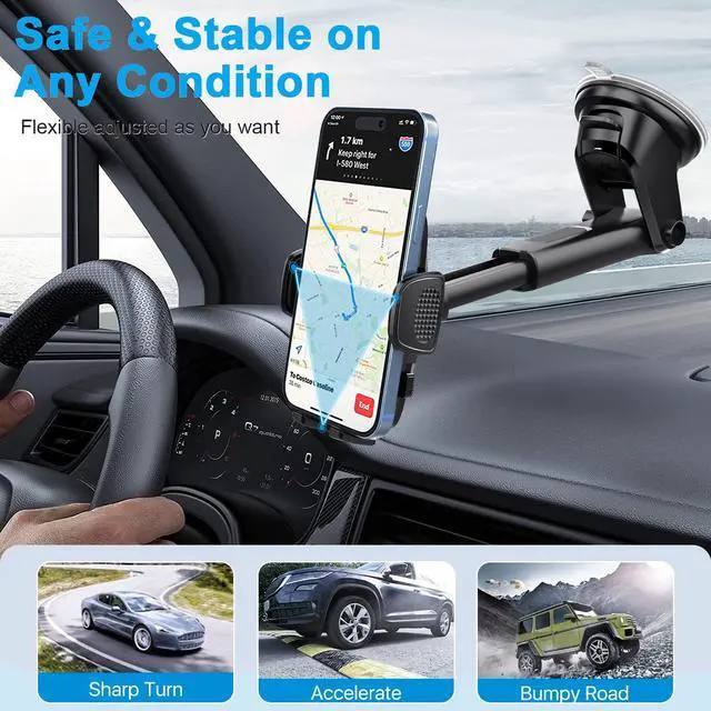 Alt view image 5 of 7 - CardiVox Smart Car Phone Mount, One-Touch Lock Dashboard & Windshield Holder, 360° Rotation, Strong Suction Cup, Universal