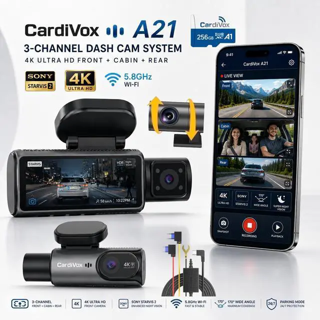 Main image of CardiVox A21 3 Channel Dash Cam 4K+2.5K+2.5K Sony STARVIS 2 GPS WiFi ADAS Free 256GB