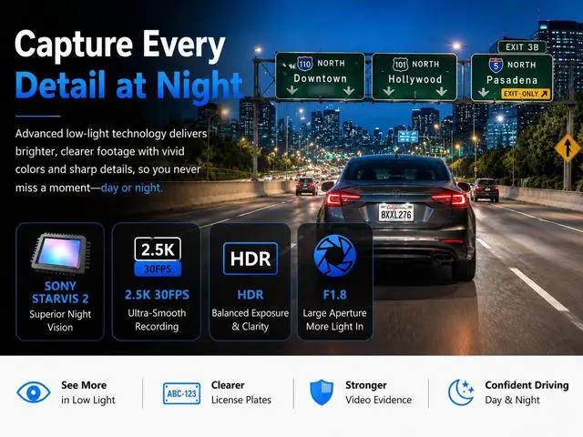 Alt view image 5 of 7 - CardiVox A21 3 Channel Dash Cam 4K+2.5K+2.5K Sony STARVIS 2 GPS WiFi ADAS Free 256GB