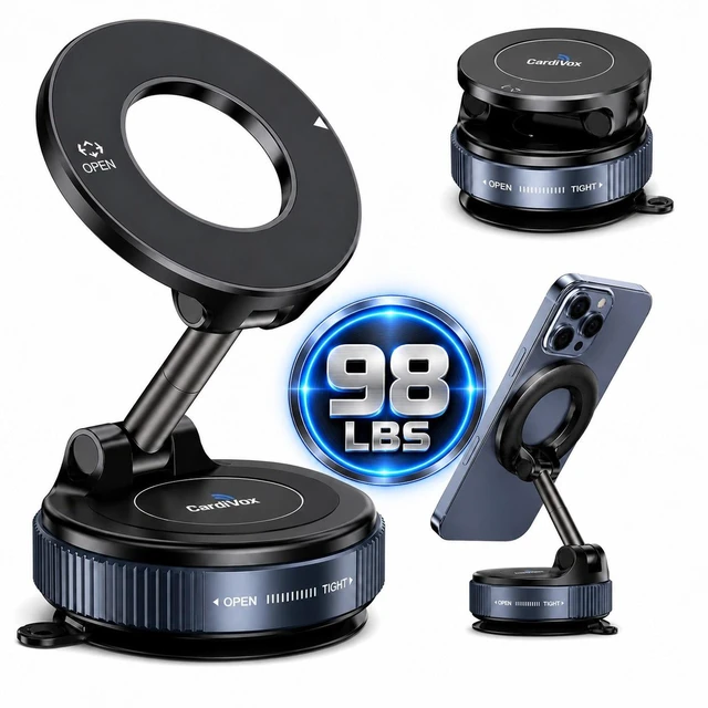 Main image of CardiVox Universal Magnetic Car Phone Holder Dashboard & Windshield Mount 360° Full Rotation Foldable Retractable Vacuum Suction Cup Stand - Black