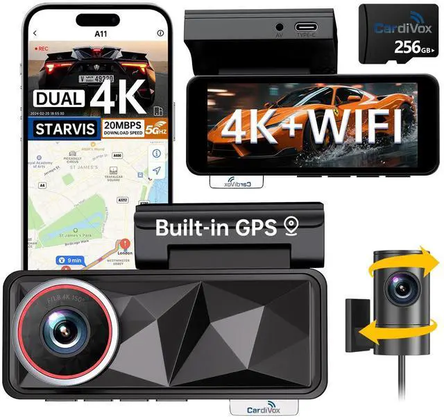 Main image of CardiVox A11 4K Front & 2K Rear Dash Cam for Cars Ultra-Clear Night Vision, STARVIS Sensor, WiFi App Control, GPS Tracking, Loop Recording, Parking Surveillance, Emergency Lock, 256GB Card Included