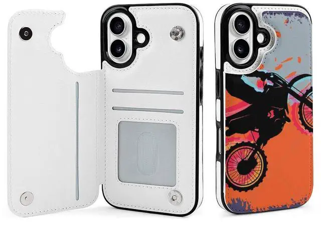 Main image of Motocross Rider Dirt Bike With Abstract Background Leather Wallet Case for iPhone 16 Pro Max 16E 16SE4 16PRO Wallet Case Card Holder Flip