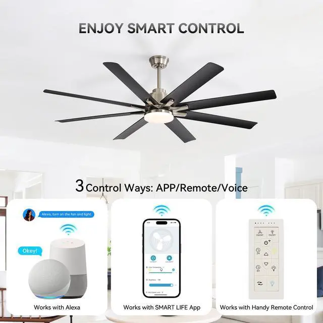Alt view image 2 of 7 - Sofucor 52 Inch Nickel Smart Ceiling Fan with Lights and Remote & APP Control For Alexa/Google 6-Speed Reversible DC Motor, Modern 8 Blades with 5''/10''/12" Downrods for Home or Commercial