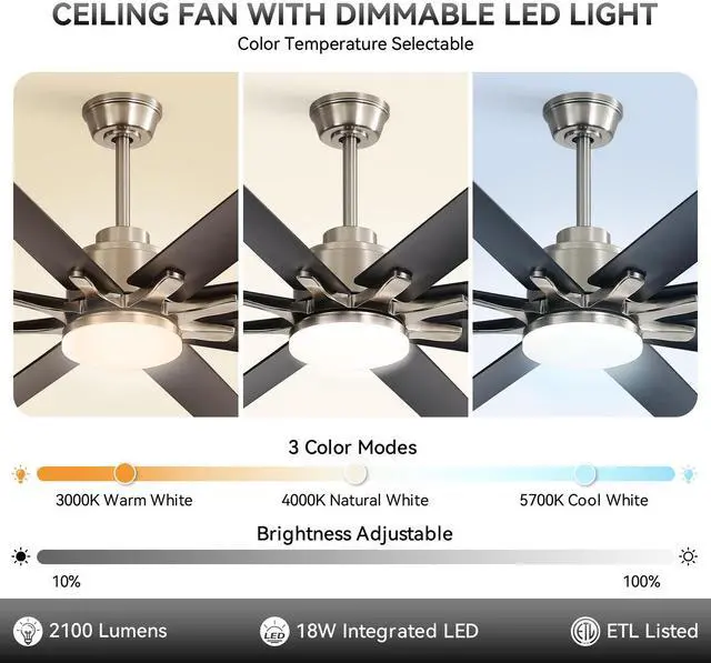 Alt view image 4 of 7 - Sofucor 52 Inch Nickel Smart Ceiling Fan with Lights and Remote & APP Control For Alexa/Google 6-Speed Reversible DC Motor, Modern 8 Blades with 5''/10''/12" Downrods for Home or Commercial