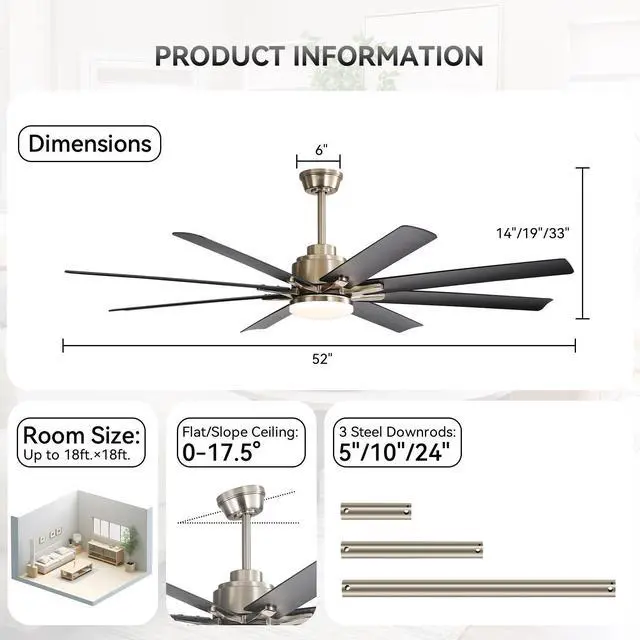 Alt view image 7 of 7 - Sofucor 52 Inch Nickel Smart Ceiling Fan with Lights and Remote & APP Control For Alexa/Google 6-Speed Reversible DC Motor, Modern 8 Blades with 5''/10''/12" Downrods for Home or Commercial