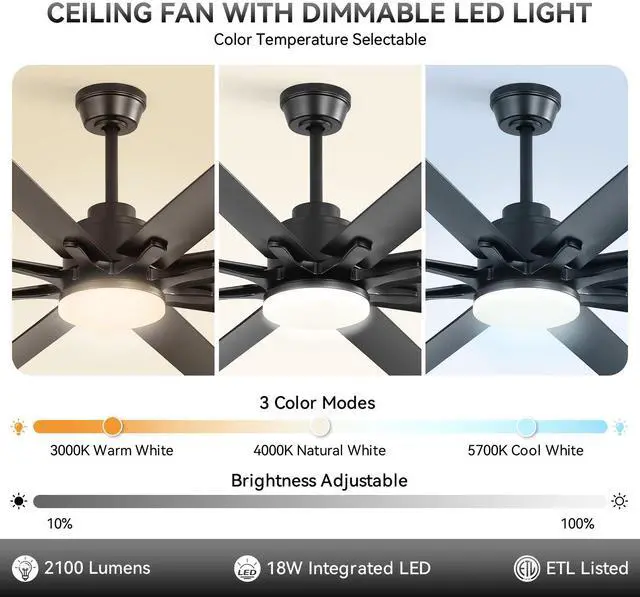 Alt view image 5 of 7 - Sofucor 52 Inch Smart Ceiling Fan with Lights and Remote and APP Control Work With Alexa/Google Dimmable LED Quiet DC Motor Black Ceiling Fans for Indoor Outdoor Bedroom Living Room Farmhouse