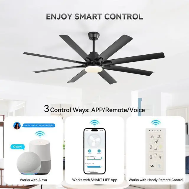 Alt view image 3 of 7 - Sofucor 52 Inch Smart Ceiling Fan with Lights and Remote and APP Control Work With Alexa/Google Dimmable LED Quiet DC Motor Black Ceiling Fans for Indoor Outdoor Bedroom Living Room Farmhouse