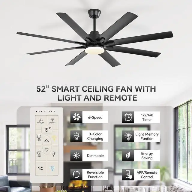 Alt view image 7 of 7 - Sofucor 52 Inch Smart Ceiling Fan with Lights and Remote and APP Control Work With Alexa/Google Dimmable LED Quiet DC Motor Black Ceiling Fans for Indoor Outdoor Bedroom Living Room Farmhouse