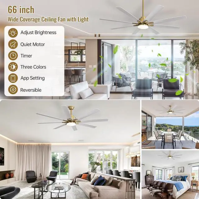 Alt view image 2 of 7 - Sofucor Smart Ceiling Fan with Lights and Remote With APP Control Compatible with Alexa/Google Indoor Outdoor Low Profile Gold White Ceiling Fan with 3 Downrod for Living Room Farmhouse Patio