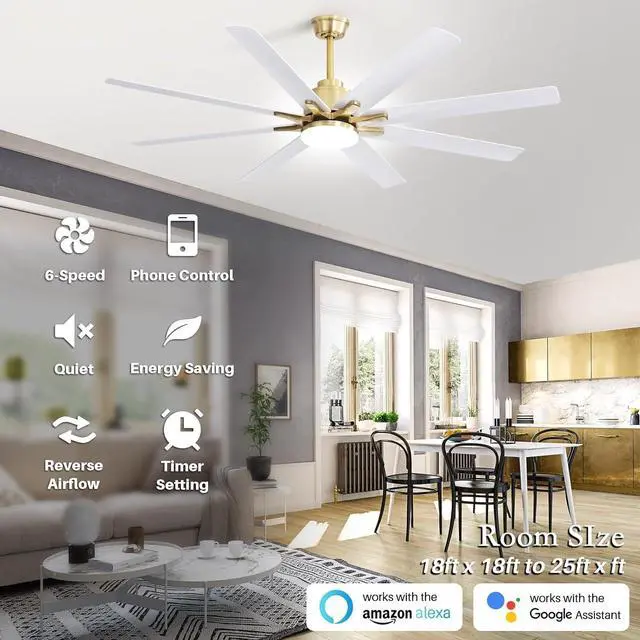 Alt view image 5 of 7 - Sofucor Smart Ceiling Fan with Lights and Remote With APP Control Compatible with Alexa/Google Indoor Outdoor Low Profile Gold White Ceiling Fan with 3 Downrod for Living Room Farmhouse Patio