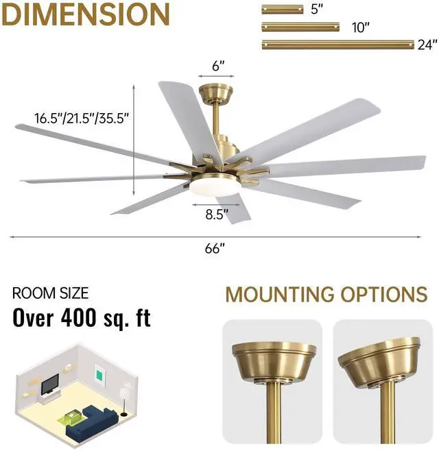 Alt view image 7 of 7 - Sofucor Smart Ceiling Fan with Lights and Remote With APP Control Compatible with Alexa/Google Indoor Outdoor Low Profile Gold White Ceiling Fan with 3 Downrod for Living Room Farmhouse Patio