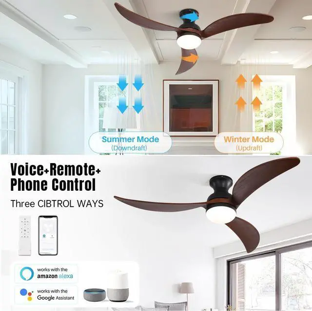 Alt view image 2 of 7 - Sofucor 52" Flush Mount Ceiling Fan with Lights and Remote Control Smart App Wifi Low Profile Ceiling Fan 3 Solid Wood Blades Reversible DC Motor High CFM Dimmable Noiseless for Indoor Bedroom/Outdoor
