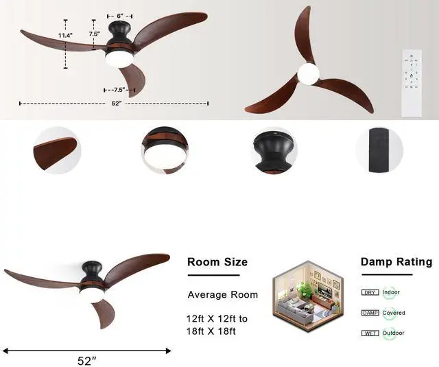 Alt view image 3 of 7 - Sofucor 52" Flush Mount Ceiling Fan with Lights and Remote Control Smart App Wifi Low Profile Ceiling Fan 3 Solid Wood Blades Reversible DC Motor High CFM Dimmable Noiseless for Indoor Bedroom/Outdoor